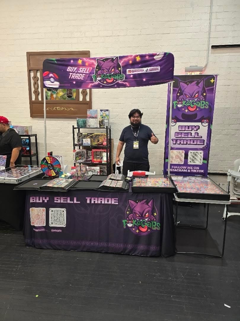 Custom vendor TCG booth display with retractable banner and table top header
