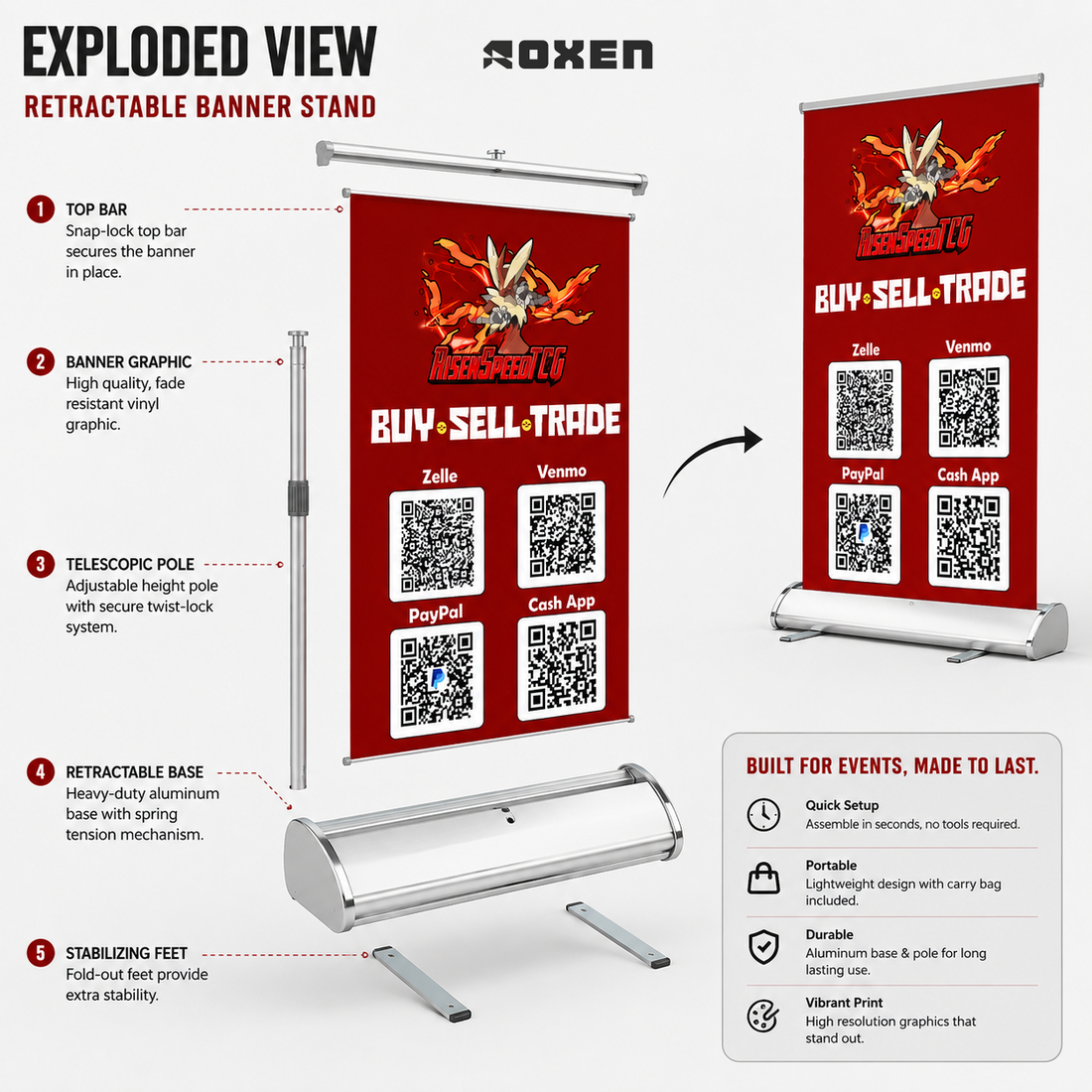 Compact table top retractable banner for a trade night vendor table