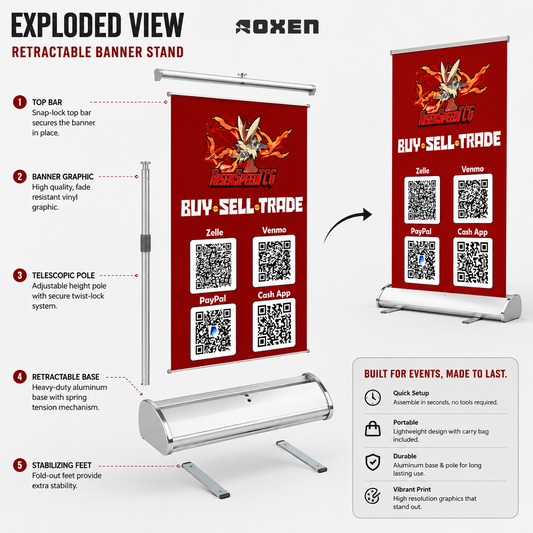 Compact table top retractable banner for a trade night vendor table