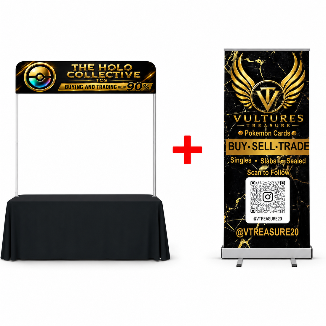 Card show vendor booth with overhead header and pullup banner advertising buying