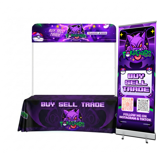 PokeGabs Pokemon TCG vendor booth setup with matching table cloth and banner