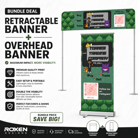 Table top header and retractable banner bundle for a TCG vendor booth