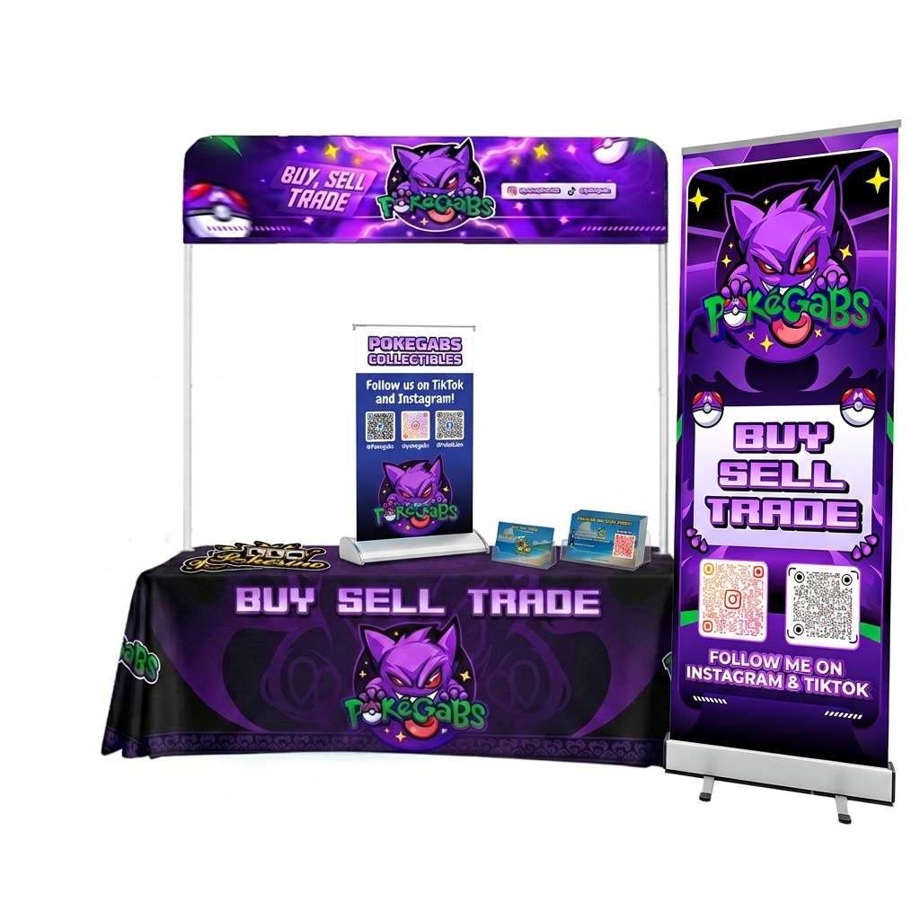 Luxury TCG vendor booth bundle with retractable banner, table cloth, business cards, and stickers
