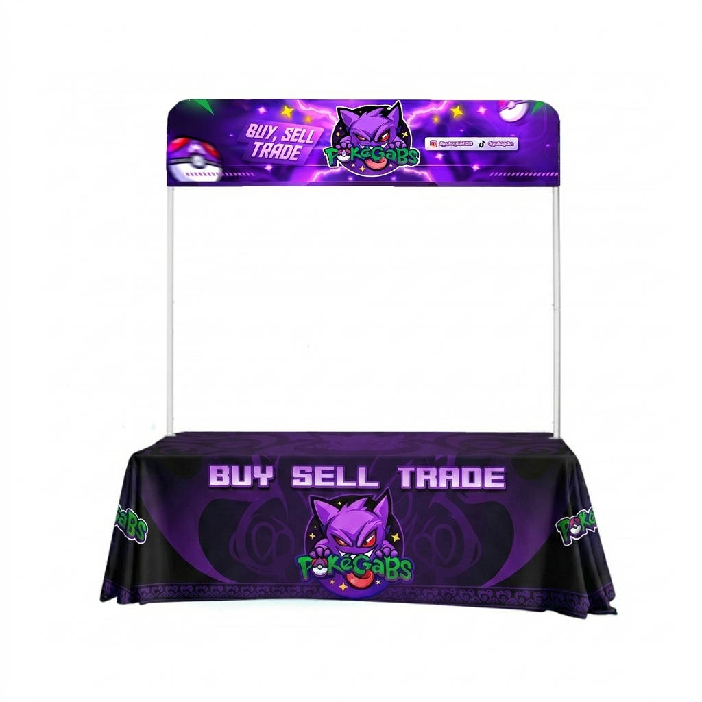 Complete TCG vendor booth setup with matching banner, tablecloth, and header