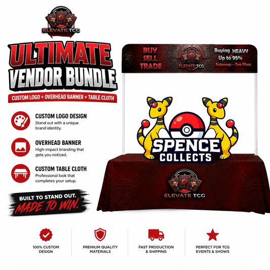Ultimate vendor TCG booth bundle with logo, table cloth, and overhead banner
