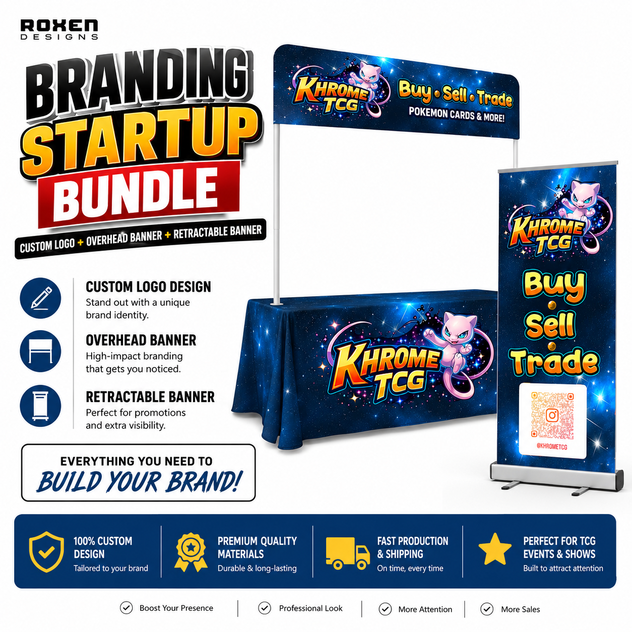 Premium vendor TCG booth bundle with pullup banner, table cloth, and header