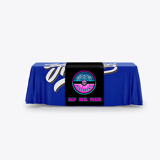 Custom table runner for a Pokemon TCG vendor booth table cloth