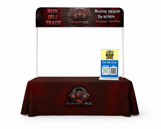 8ft table top header, table cloth, and small pullup banner bundle for a TCG vendor booth