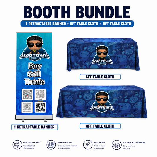 Retractable banner with double table cloths for a TCG vendor booth setup