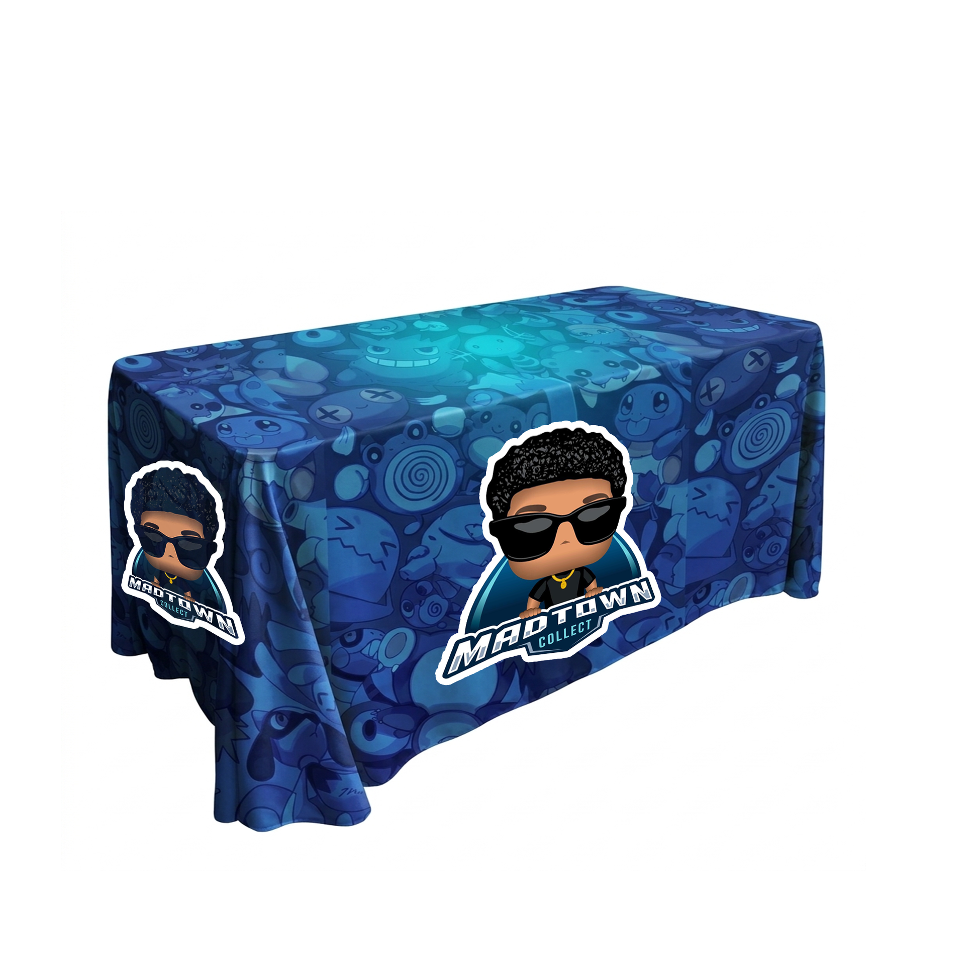 Custom branded tablecloth for a TCG vendor booth at card shows